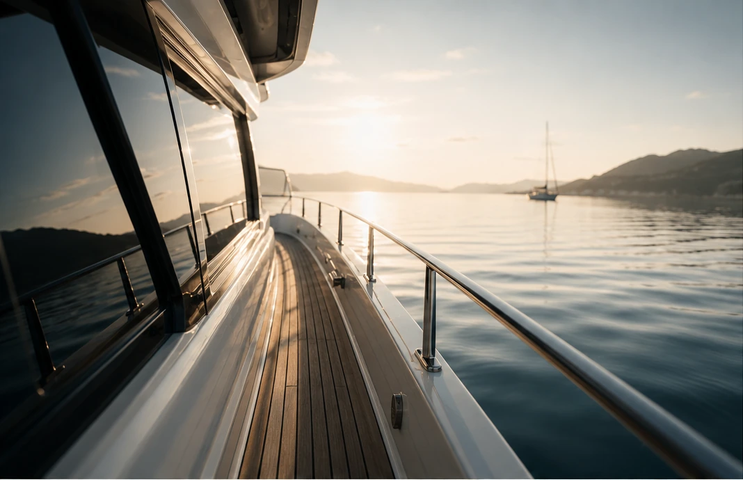 Seitendeck einer Yacht bei ruhiger Abendstimmung