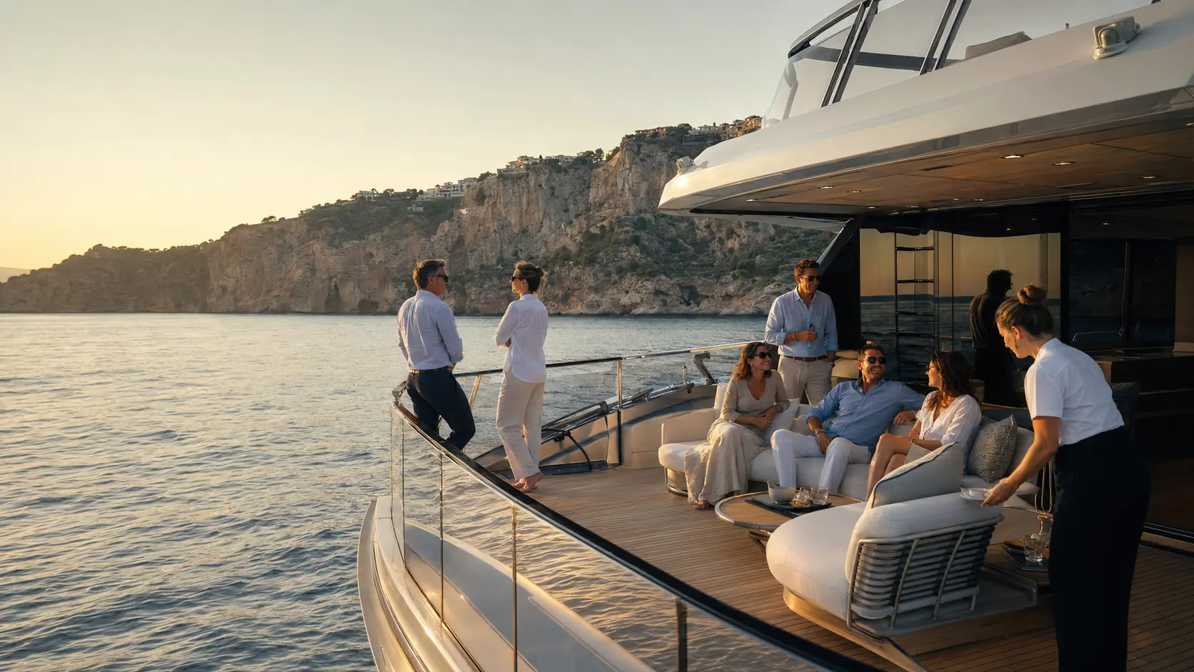 Gäste im Gespräch auf dem Achterdeck einer Yacht vor mediterraner Küste im warmen Abendlicht.