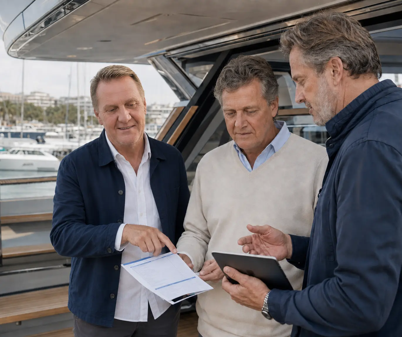 Frank Simonis bespricht mit einem Eigner und einem Spezialisten Unterlagen an Bord einer Yacht.